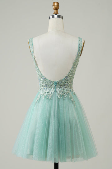A Línea Vestido Verde Vestido de Cóctel con Apliques